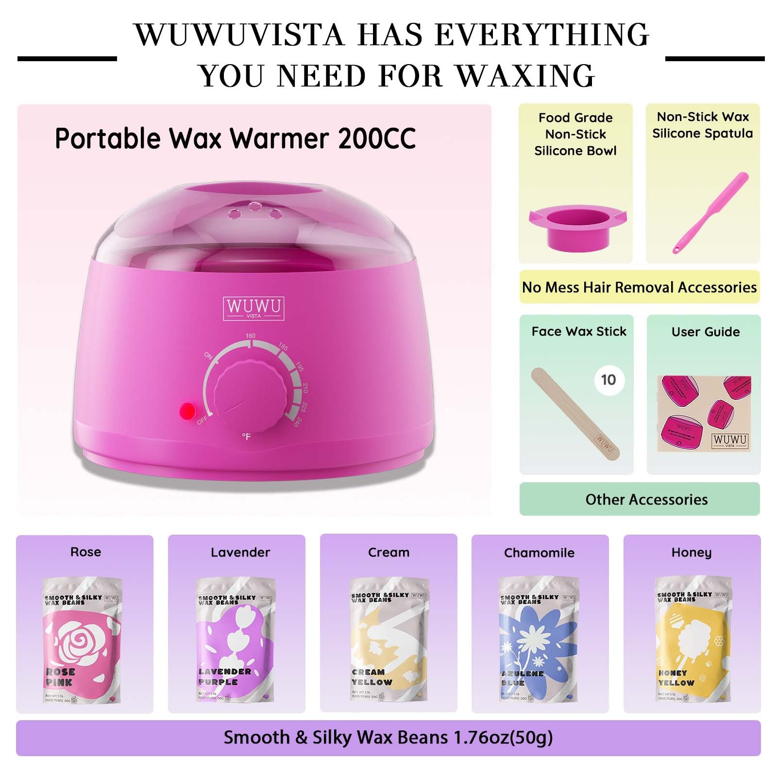 Waxing Kit WUWUVISTA Hair Removal Wax Kit Wax Melt Warmer Waxing Beads For Face, Brazilian, Full Body, Bikini 19 Items - Image 2